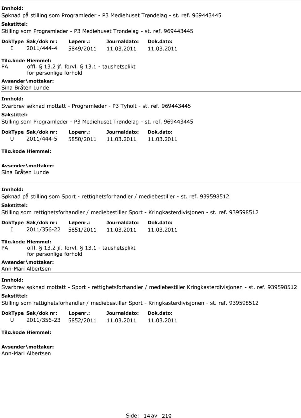 969443445 2011/444-5 5850/2011 Sina Bråten Lunde Søknad på stilling som Sport - rettighetsforhandler / mediebestiller - st. ref.