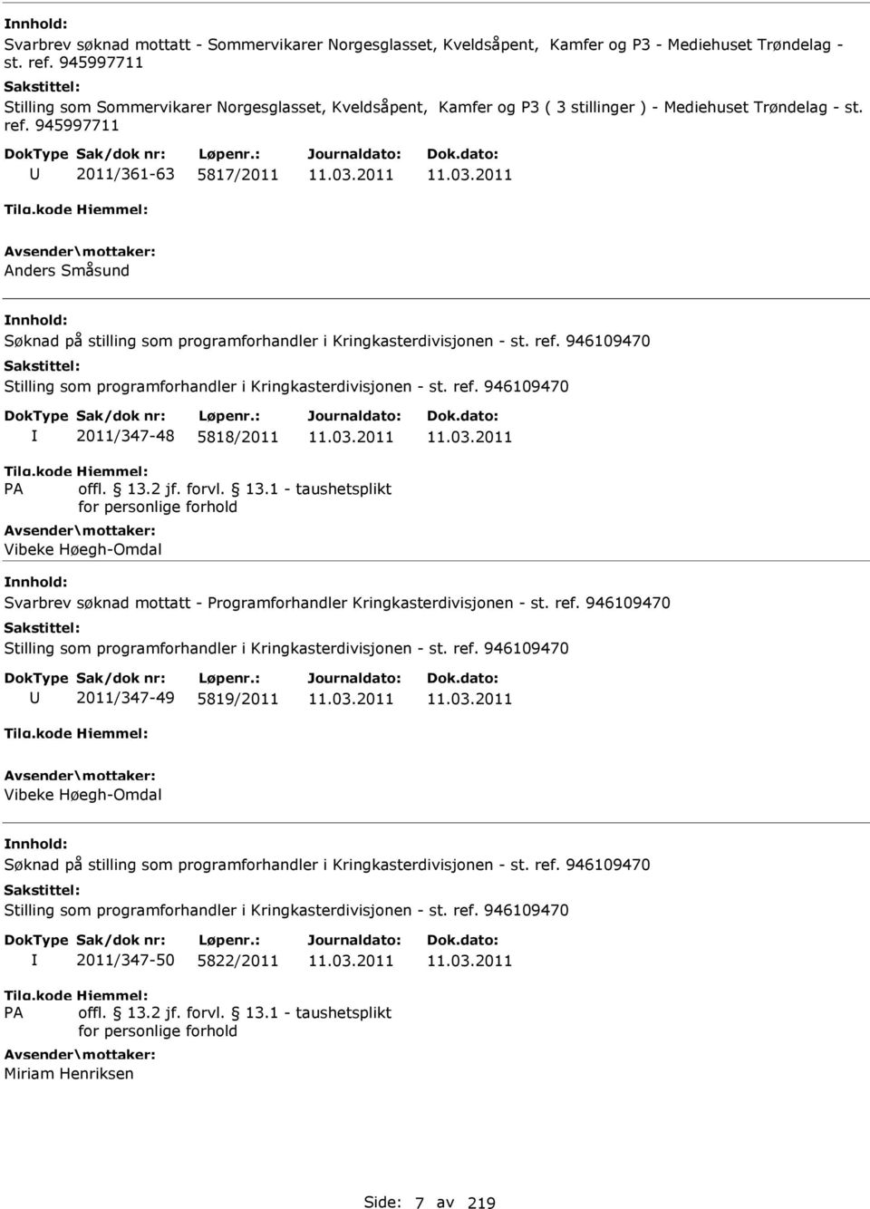 945997711 2011/361-63 5817/2011 Anders Småsund Søknad på stilling som programforhandler i Kringkasterdivisjonen - st. ref.