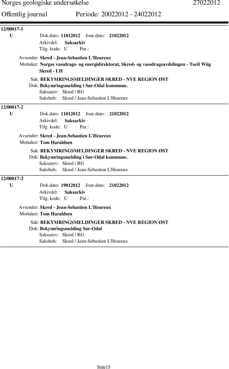 REGION ØST Dok: Bekymringsmelding i Sør-Odal kommune. Saksansv: Skred / RG Saksbeh: Skred / Jean-Sebastien L'Heureux 12/00017-2 U Dok.dato: 11012012 Jour.