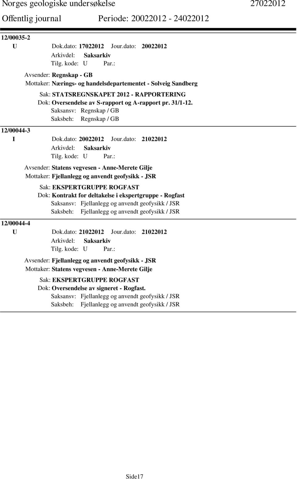 Saksansv: Regnskap / GB Saksbeh: Regnskap / GB 12/00044-3 I Dok.dato: 20022012 Jour.