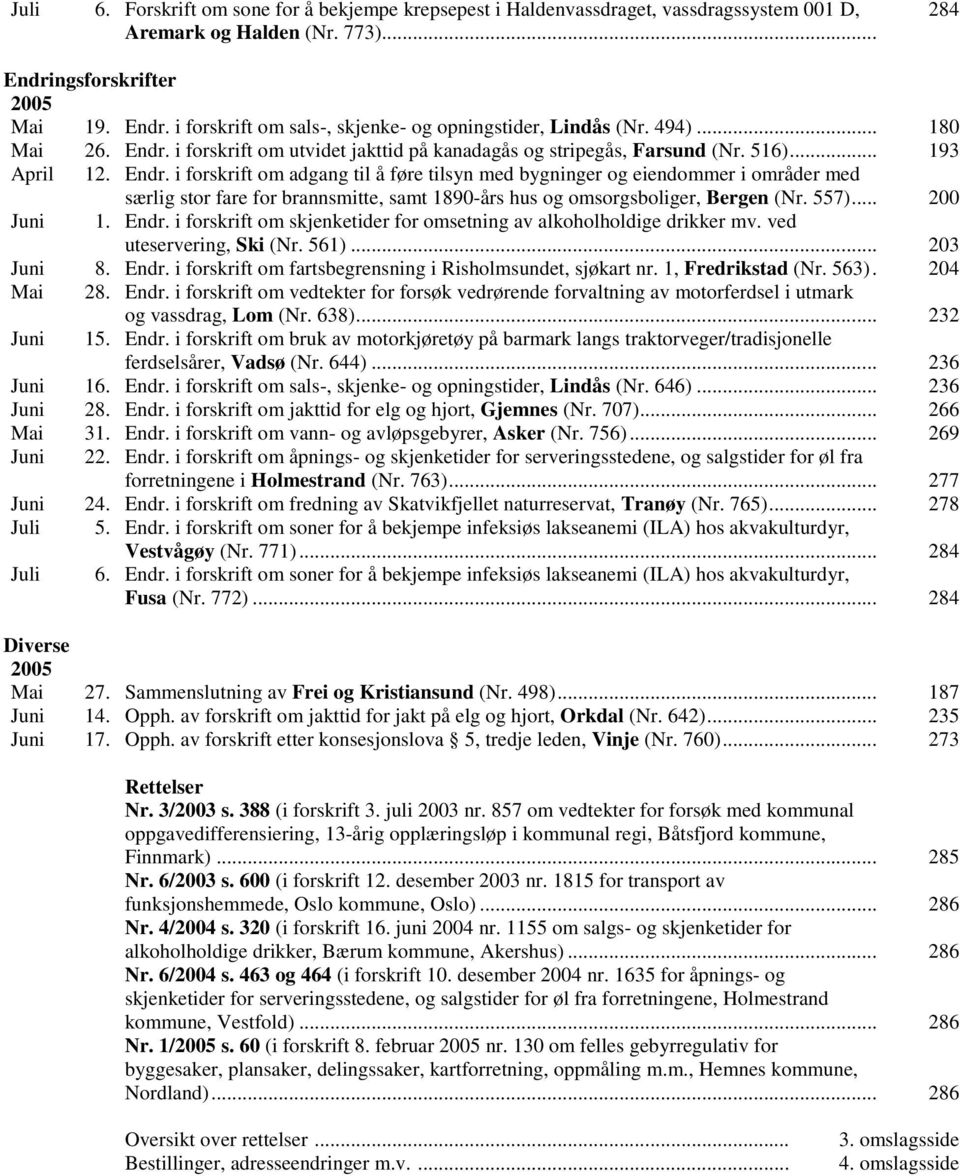 557)... 200 Juni 1. Endr. i forskrift om skjenketider for omsetning av alkoholholdige drikker mv. ved uteservering, Ski (Nr. 561)... 203 Juni 8. Endr. i forskrift om fartsbegrensning i Risholmsundet, sjøkart nr.