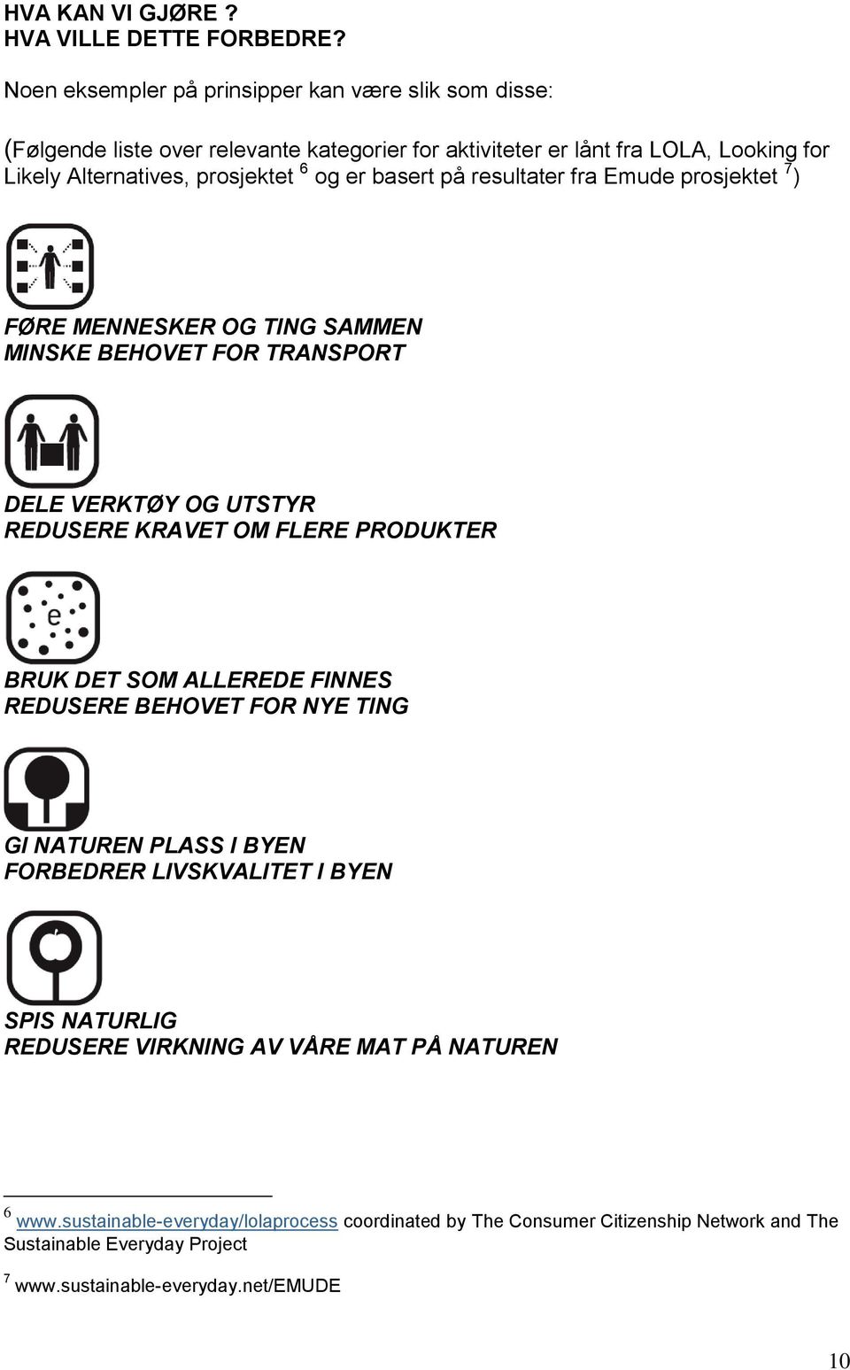 er basert på resultater fra Emude prosjektet 7 ) FØRE MENNESKER OG TING SAMMEN MINSKE BEHOVET FOR TRANSPORT DELE VERKTØY OG UTSTYR REDUSERE KRAVET OM FLERE PRODUKTER BRUK DET SOM