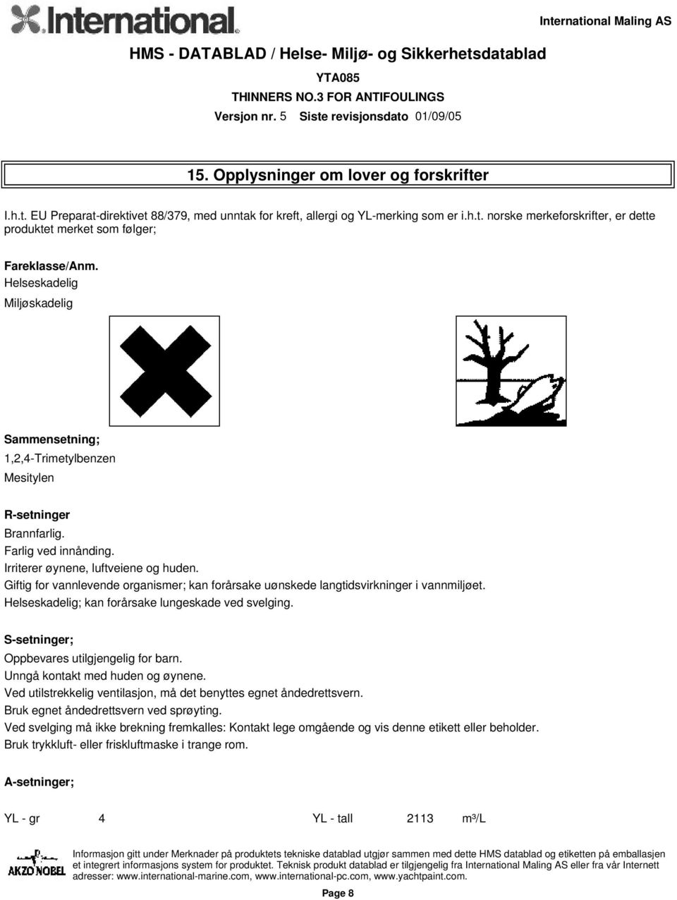 Giftig for vannlevende organismer; kan forårsake uønskede langtidsvirkninger i vannmiljøet. Helseskadelig; kan forårsake lungeskade ved svelging. S-setninger; Oppbevares utilgjengelig for barn.