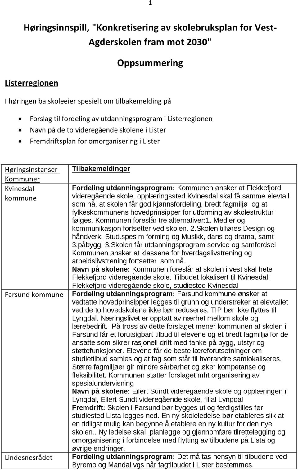 Fordeling utdanningsprogram: Kommunen ønsker at Flekkefjord videregående, opplæringssted Kvinesdal skal få samme elevtall som nå, at n får god kjønnsfordeling, bredt fagmiljø og at fylkeskommunens