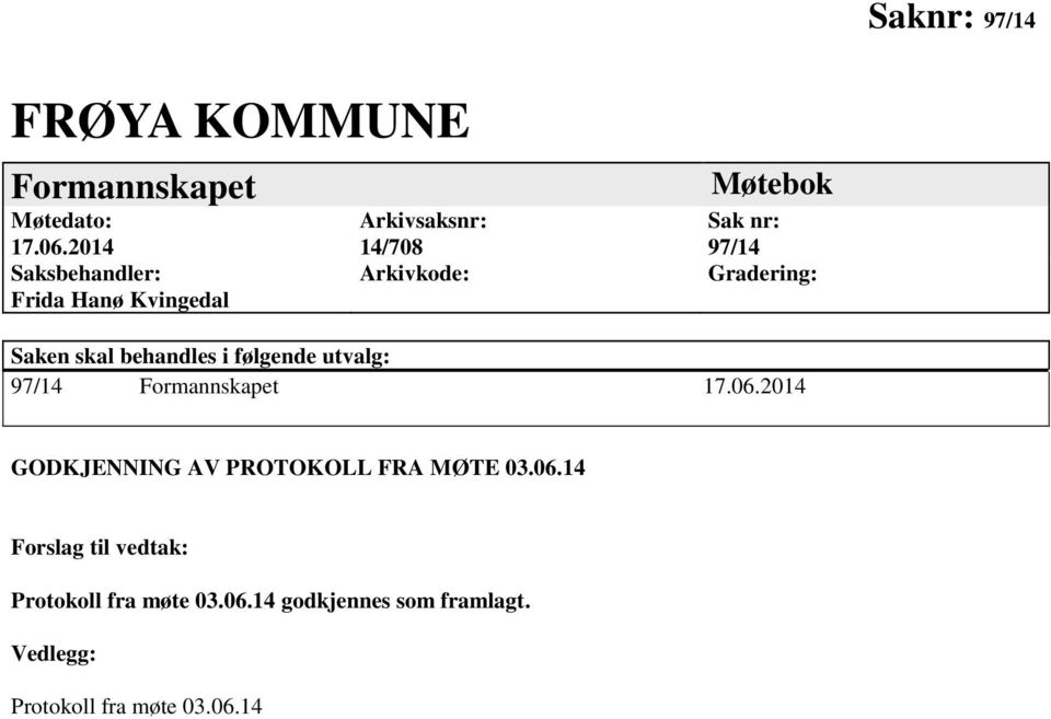 Gradering: Saken skal behandles i følgende utvalg: 97/14 Formannskapet 17.06.