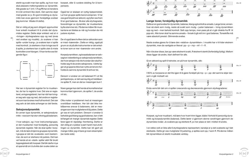 Det er viktig at jeg som dirigent oppmuntrer hver enkelt musikant til å utvide det dynamiske register. Dette skjer enklest ved at vi «tvinger» styrkegradene opp og ned (øves ved øvelser og musikk).