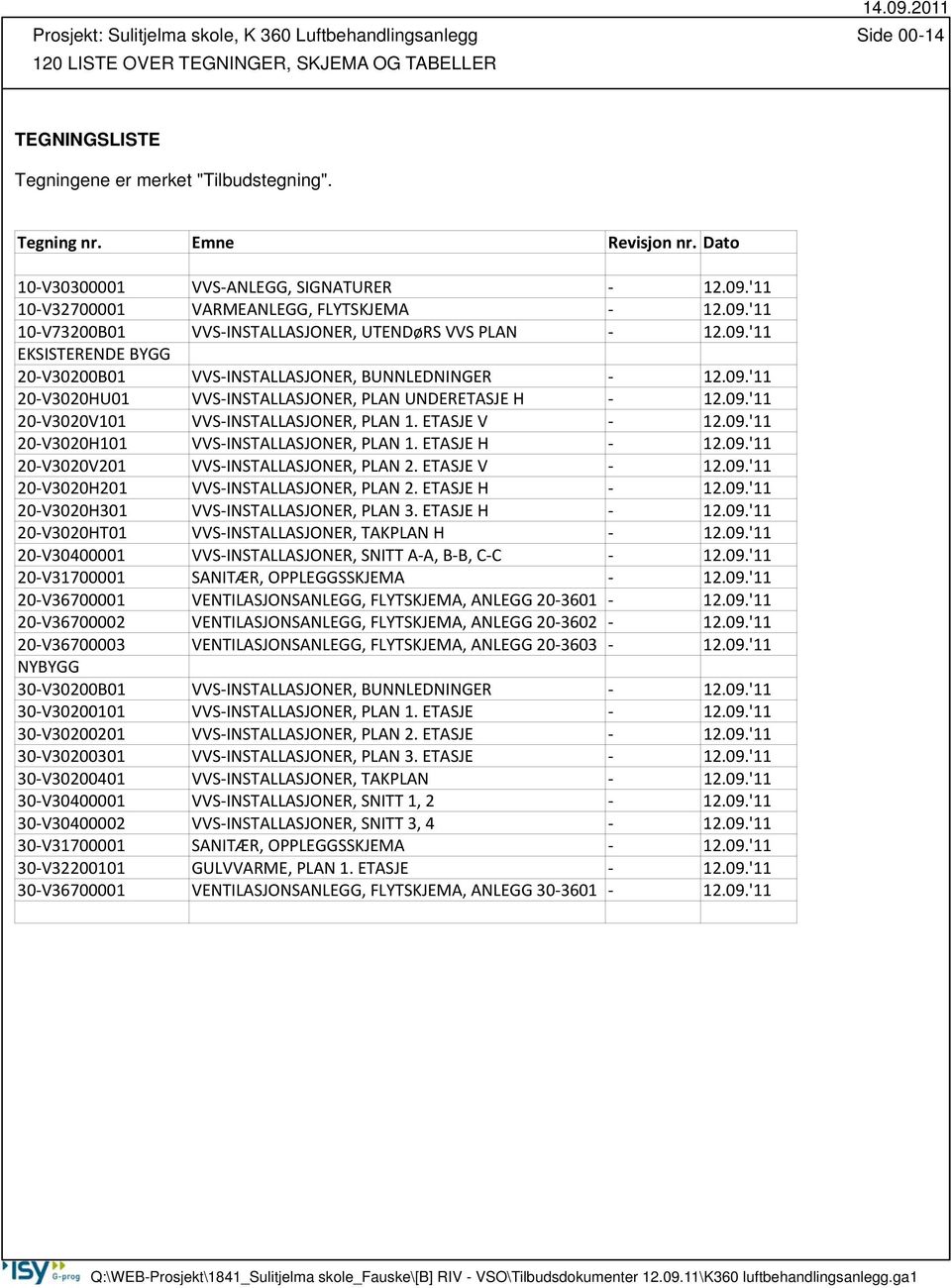 09.'11 20 V3020HU01 VVS INSTALLASJONER, PLAN UNDERETASJE H 12.09.'11 20 V3020V101 VVS INSTALLASJONER, PLAN 1. ETASJE V 12.09.'11 20 V3020H101 VVS INSTALLASJONER, PLAN 1. ETASJE H 12.09.'11 20 V3020V201 VVS INSTALLASJONER, PLAN 2.