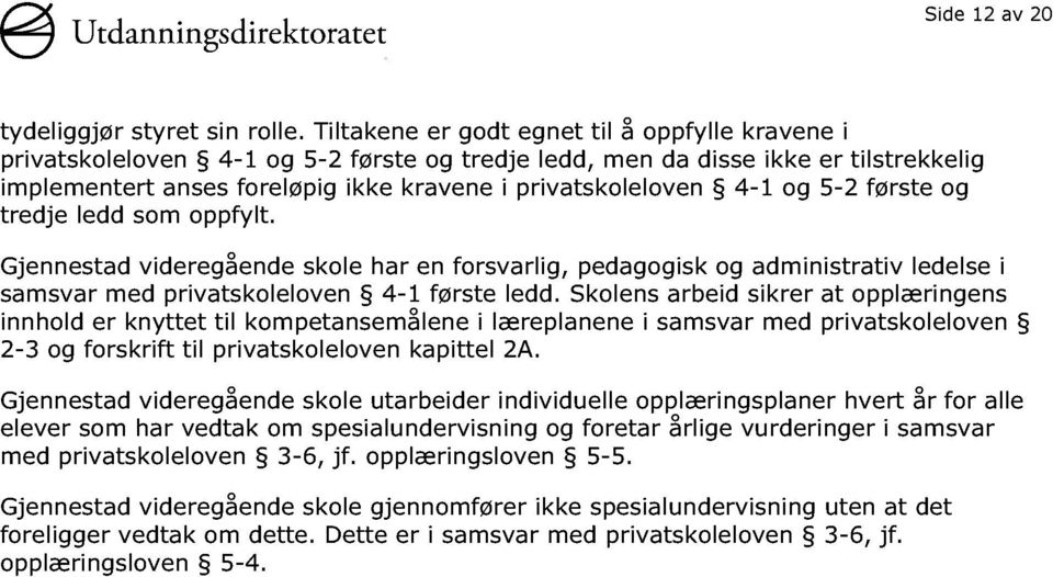 og 5-2 første og tred je ledd som oppfylt. Gjennestad videregående skole har en forsvarlig, pedagogisk og administrativ ledelse i samsvar med privatskoleloven 4-1 første ledd.