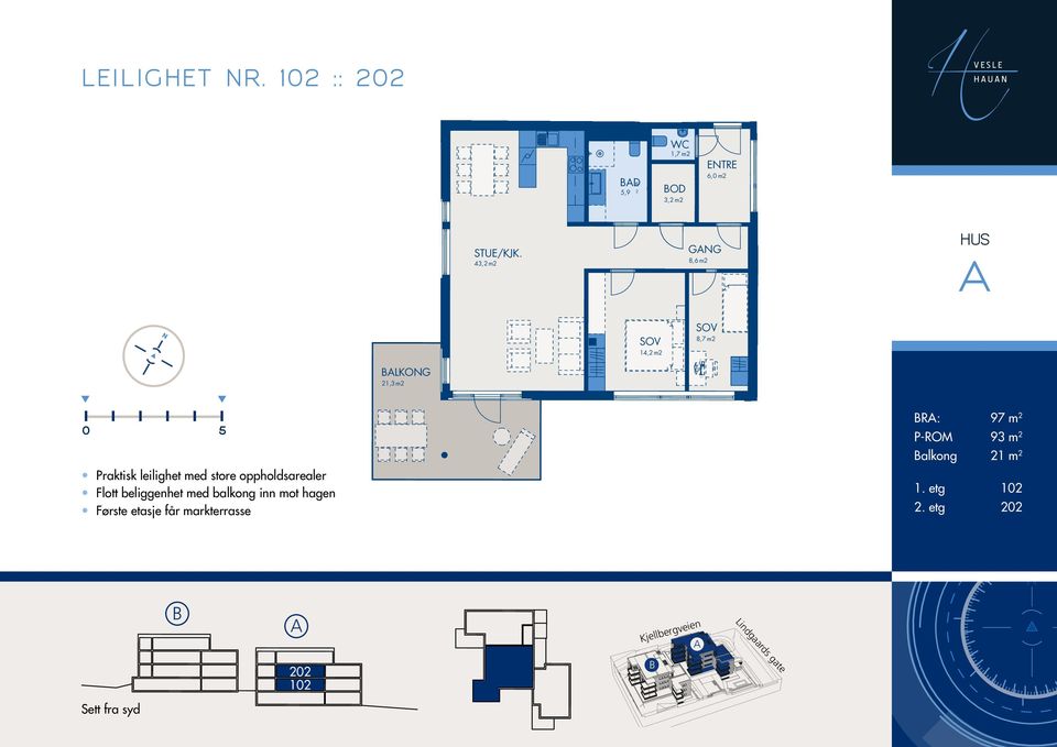 43,2 m2 GG 5,5 m2 GG 8,6 m2 HUS 14,2 m2 14,2 m2 8,7 m2 LKOG 21,3 m2 0 5 Praktisk eiighet med store