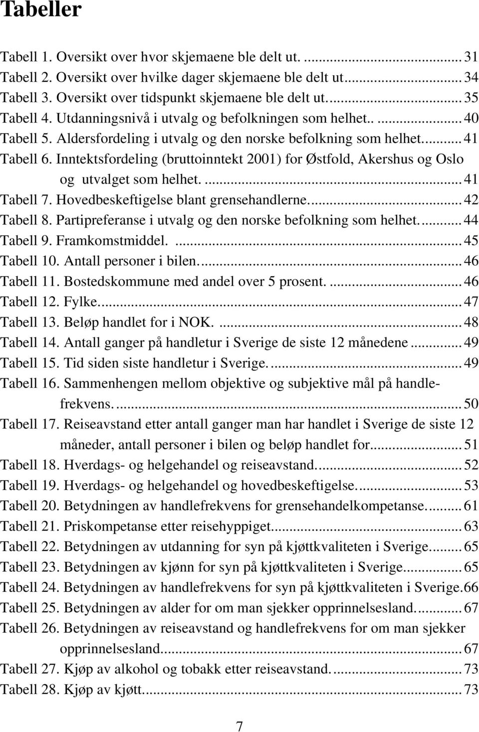 Inntektsfordeling (bruttoinntekt 2001) for Østfold, Akershus og Oslo og utvalget som helhet.... 41 Tabell 7. Hovedbeskeftigelse blant grensehandlerne... 42 Tabell 8.