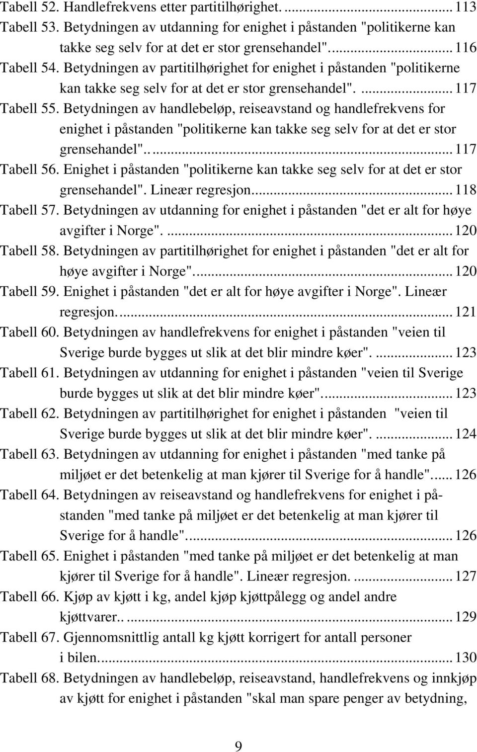 Betydningen av handlebeløp, reiseavstand og handlefrekvens for enighet i påstanden "politikerne kan takke seg selv for at det er stor grensehandel"...117 Tabell 56.