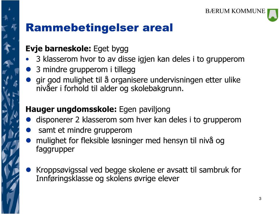 Hauger ungdomsskole: Egen paviljong disponerer 2 klasserom som hver kan deles i to grupperom samt et mindre grupperom mulighet for