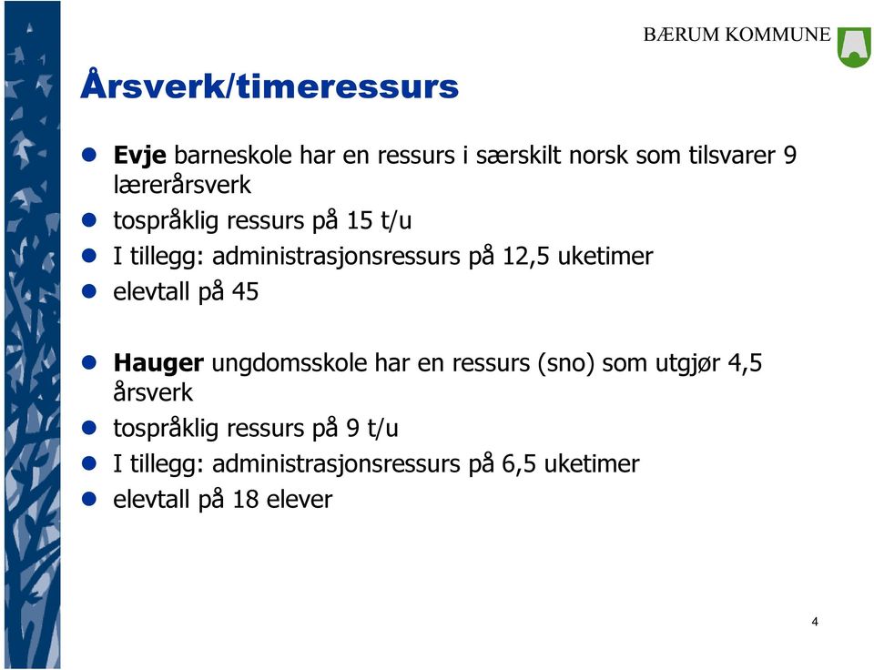 uketimer elevtall på 45 Hauger ungdomsskole har en ressurs (sno) som utgjør 4,5 årsverk