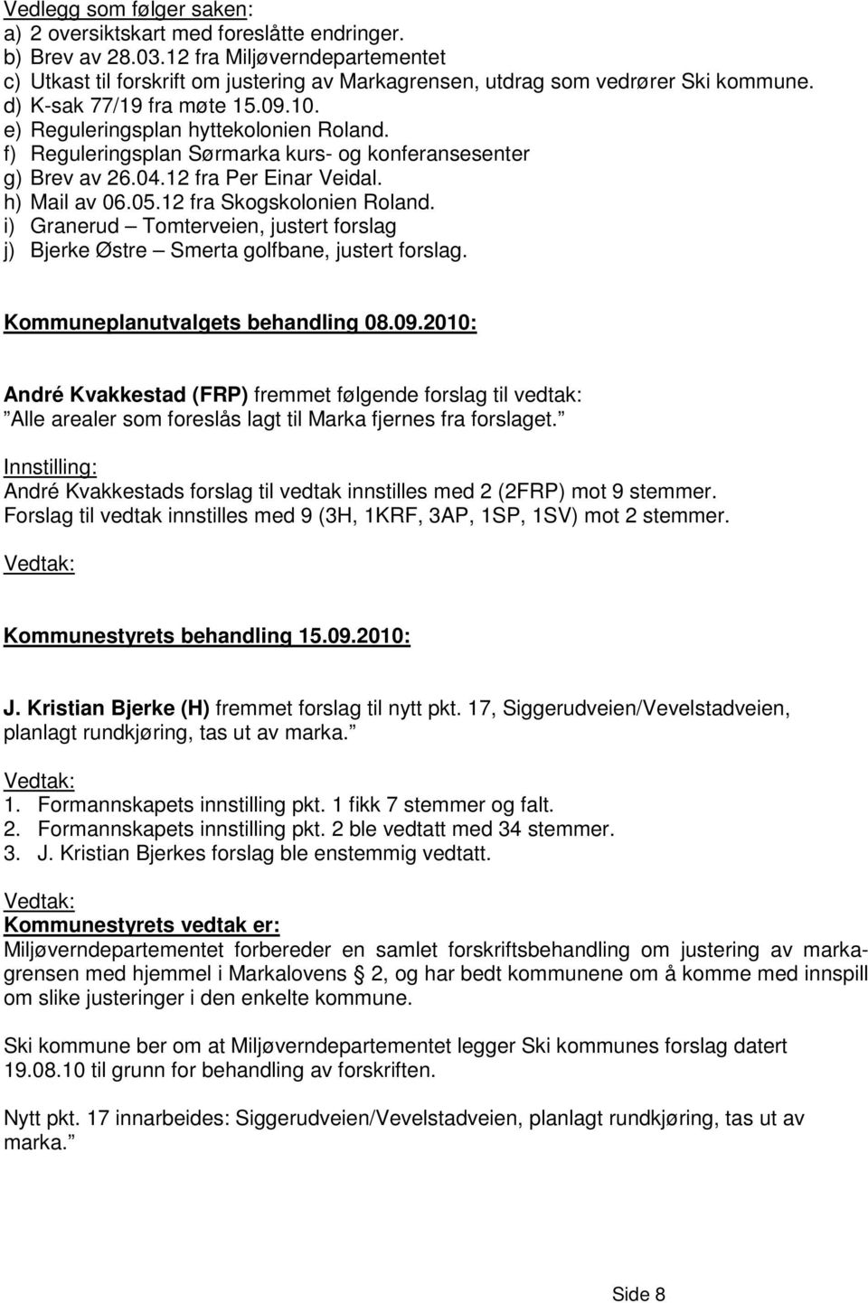 f) Reguleringsplan Sørmarka kurs- og konferansesenter g) Brev av 26.04.12 fra Per Einar Veidal. h) Mail av 06.05.12 fra Skogskolonien Roland.