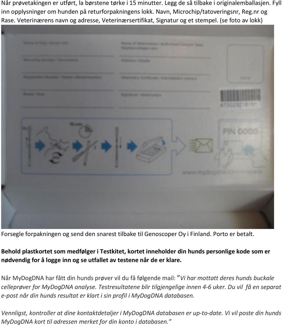 Behold plastkortet som medfølger i Testkitet, kortet inneholder din hunds personlige kode som er nødvendig for å logge inn og se utfallet av testene når de er klare.