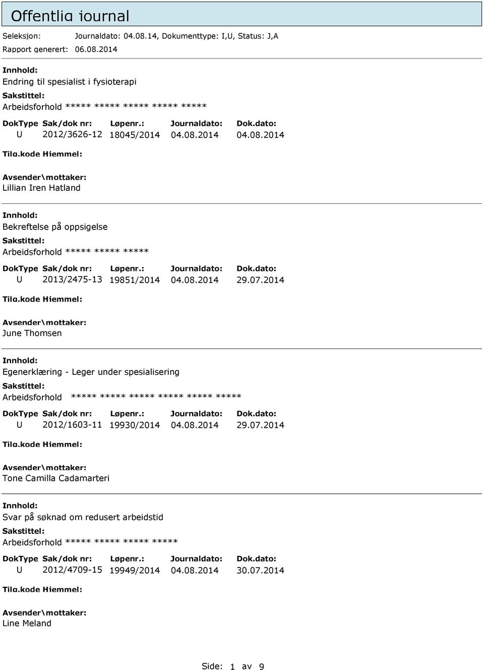 2014 Endring til spesialist i fysioterapi 2012/3626-12 18045/2014 Lillian ren Hatland Bekreftelse på oppsigelse