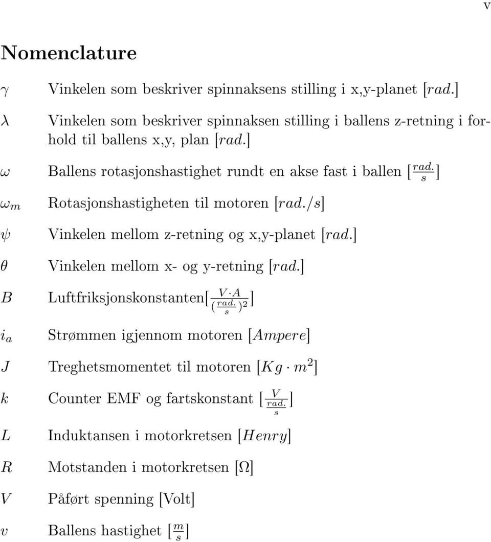 s ] Rotasjonshastigheten til motoren [rad./s] Vinkelen mellom z-retning og x,y-planet [rad.] Vinkelen mellom x- og y-retning [rad.] B Luftfriksjonskonstanten[ V A ( rad.