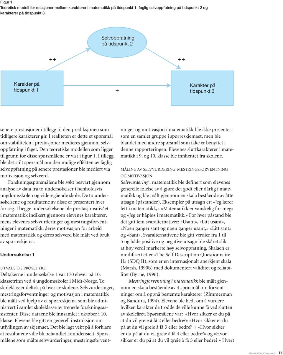 I realiteten er dette et spørsmål om stabiliteten i prestasjoner medieres gjennom selvoppfatning i faget. Den teoretiske modellen som ligger til grunn for disse spørsmålene er vist i figur 1.