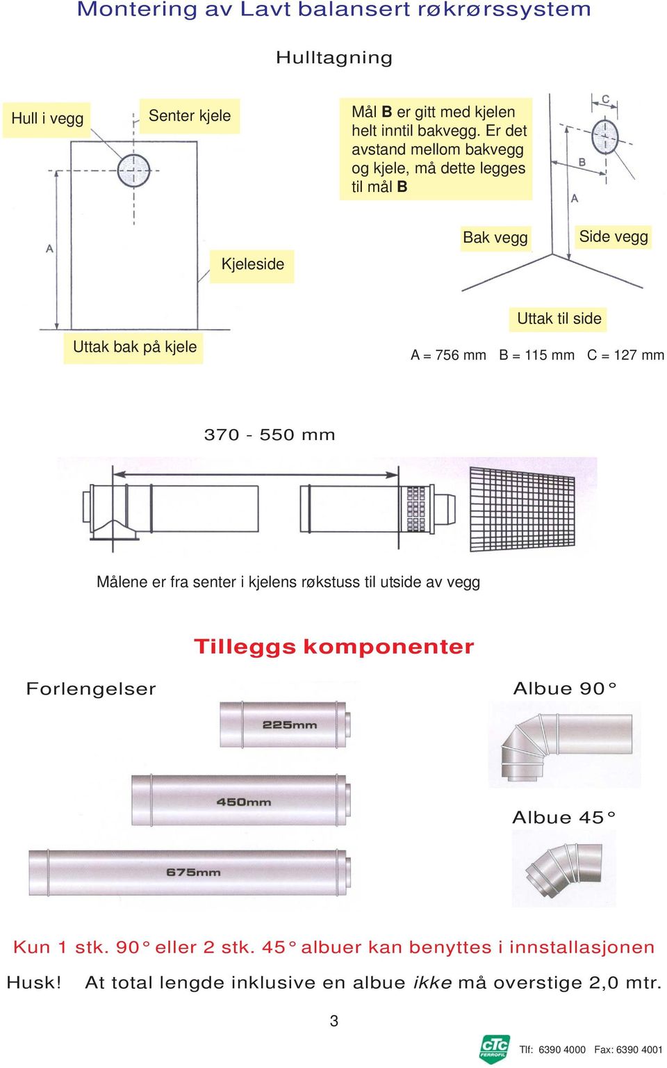 side A = 756 mm B = 115 mm C = 127 mm 370-550 mm Målene er fra senter i kjelens røkstuss til utside av vegg Tilleggs