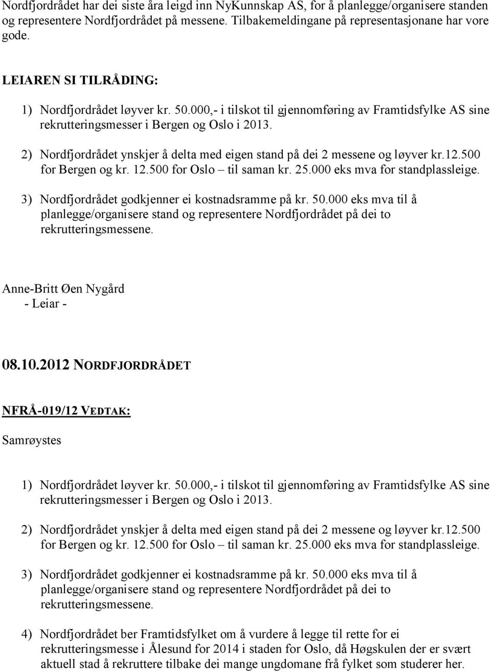 2) Nordfjordrådet ynskjer å delta med eigen stand på dei 2 messene og løyver kr.12.500 for Bergen og kr. 12.500 for Oslo til saman kr. 25.000 eks mva for standplassleige.