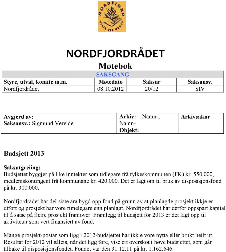 000, medlemskontingent frå kommunane kr. 420.000. Det er lagt om til bruk av disposisjonsfond på kr. 300.000. Nordfjordrådet har dei siste åra bygd opp fond på grunn av at planlagde prosjekt ikkje er utført og prosjekt har vore rimelegare enn planlagt.