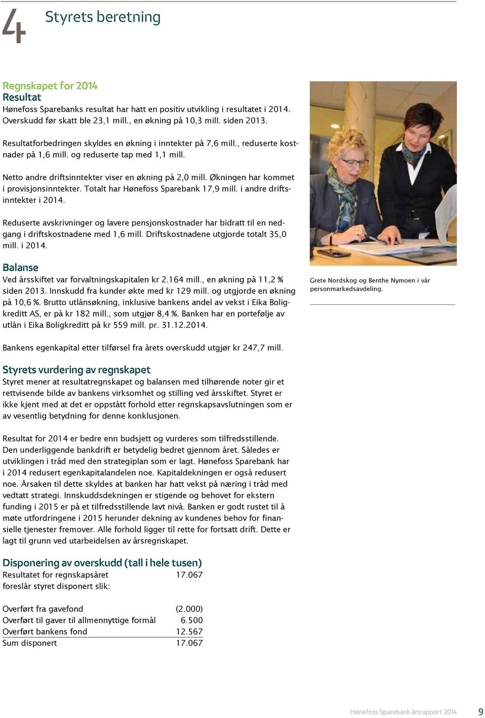Økningen har kommet i provisjonsinntekter. Totalt har Hønefoss Sparebank 17,9 mill. i andre driftsinntekter i 2014.