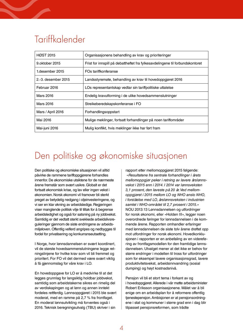 desember 2015 Landsstyremøte, behandling av krav til hovedoppgjøret 2016 Februar 2016 Mars 2016 Mars 2016 Mars / April 2016 Mai 2016 Mai-juni 2016 LOs representantskap vedtar sin tariffpolitiske