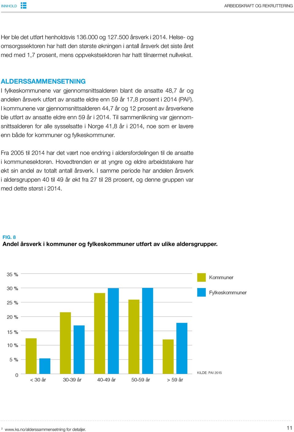 ALDERSSAMMENSETNING I fylkeskommunene var gjennomsnittsalderen blant de ansatte 48,7 år og andelen årsverk utført av ansatte eldre enn 59 år 17,8 prosent i 2014 (PAI 2 ).