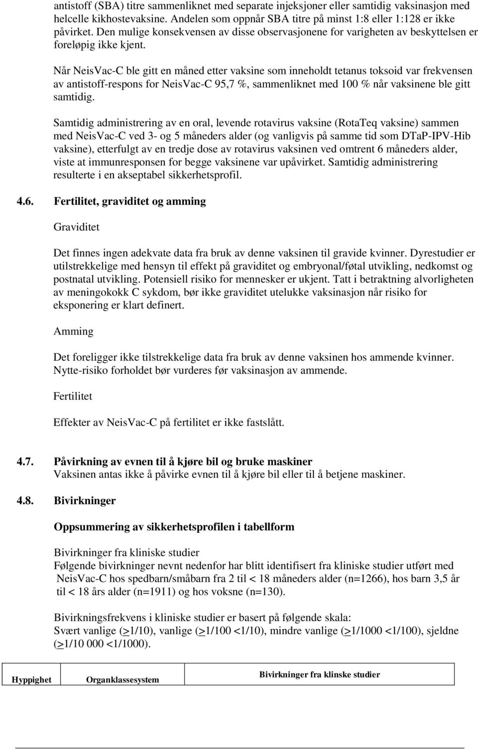 Når NeisVacC ble gitt en måned etter vaksine som inneholdt tetanus toksoid var frekvensen av antistoffrespons for NeisVacC 95,7 %, sammenliknet med 100 % når vaksinene ble gitt samtidig.