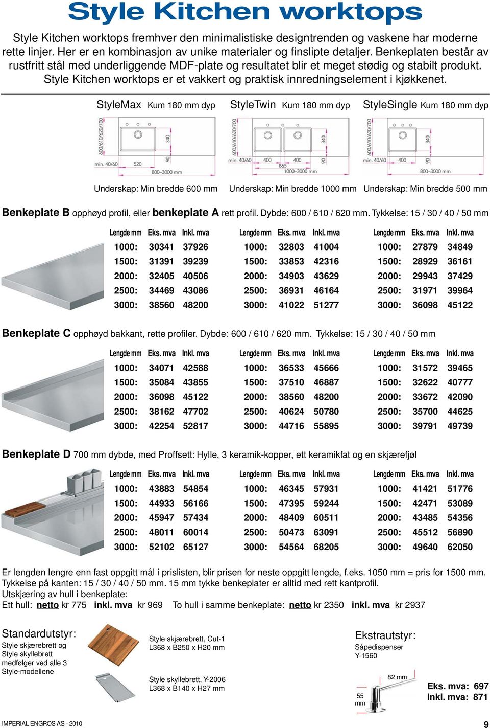 StyleMax Kum 180 mm dyp StyleTwin Kum 180 mm dyp StyleSingle Kum 180 mm dyp Underskap: Min bredde 600 mm Underskap: Min bredde 1000 mm Underskap: Min bredde 500 mm Benkeplate B opphøyd profil, eller