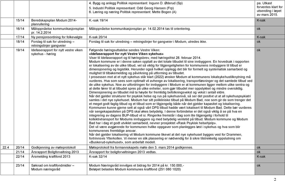 02.2014 tas til orientering. pr. 14.2.2014 17/14 Ny pensjonsordning for folkevalgte K-sak 20/14 K-sak 18/14 Forslag til sak for utredning Forslag til sak for utredning retningslinjer for gangveier i Modum, utredes ikke.