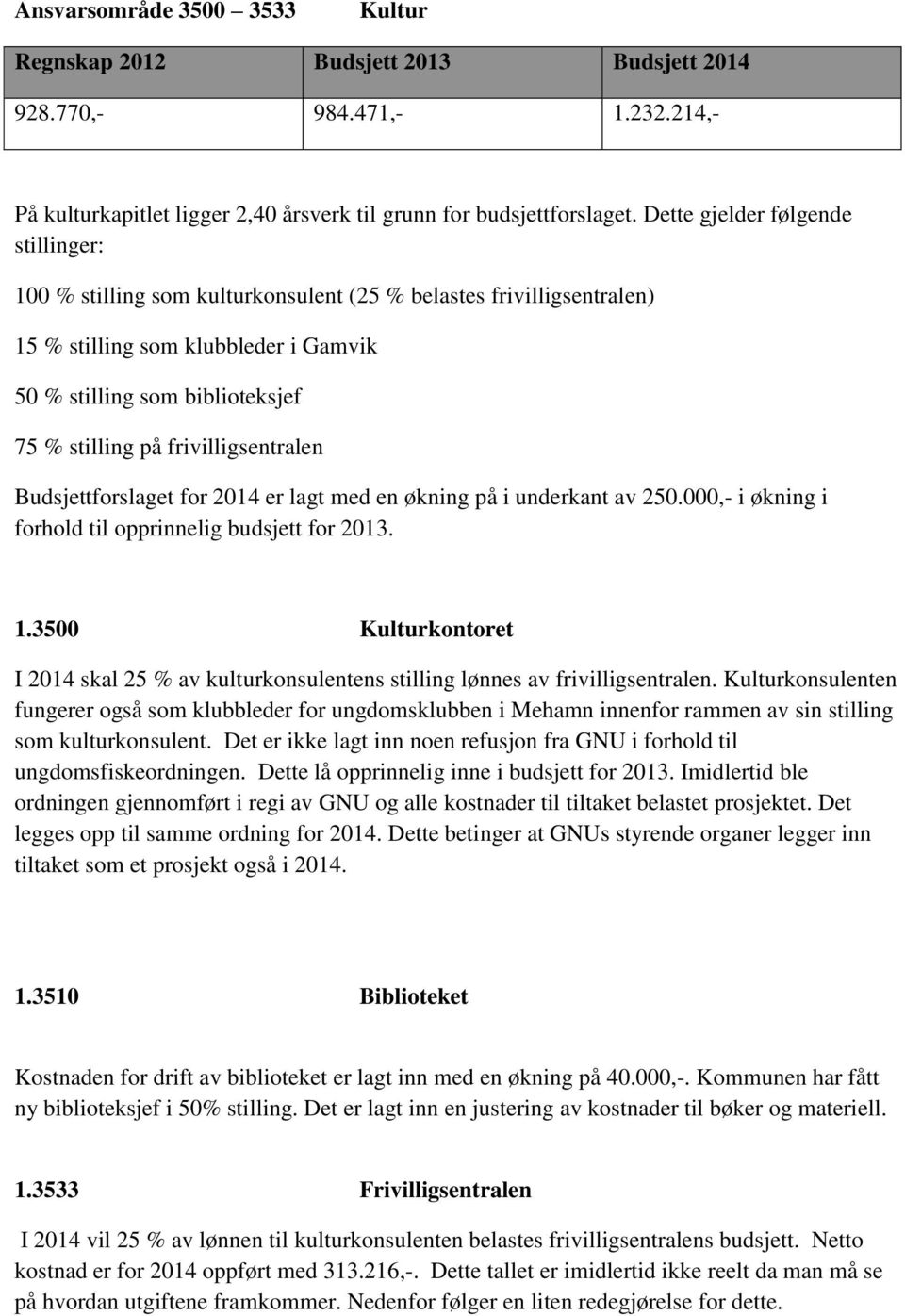 frivilligsentralen Budsjettforslaget for 2014 er lagt med en økning på i underkant av 250.000,- i økning i forhold til opprinnelig budsjett for 2013. 1.