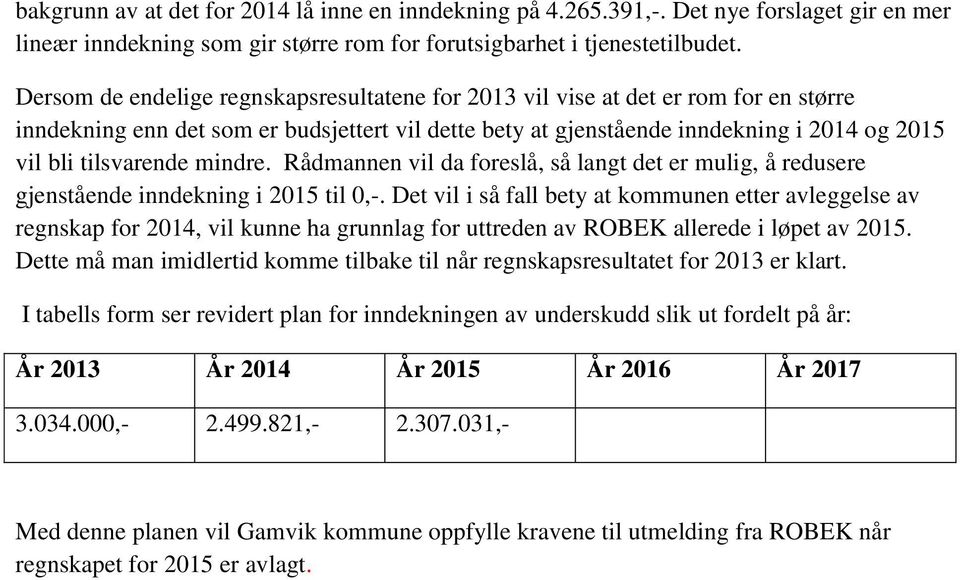 mindre. Rådmannen vil da foreslå, så langt det er mulig, å redusere gjenstående inndekning i 2015 til 0,-.