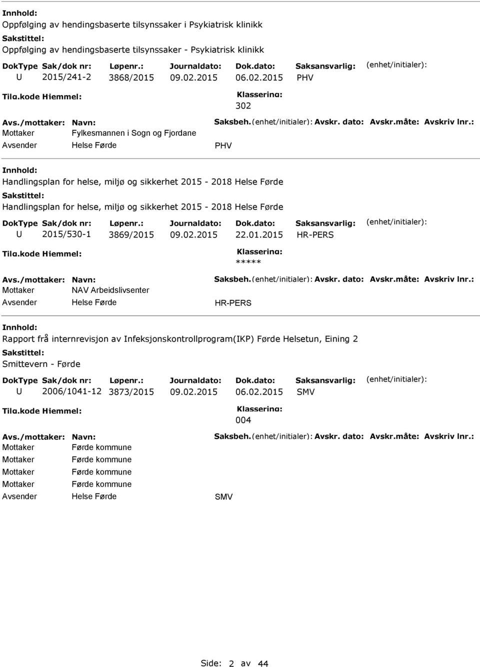 2015/530-1 3869/2015 22.01.2015 HR-ERS ***** Mottaker NAV Arbeidslivsenter HR-ERS Rapport frå internrevisjon av nfeksjonskontrollprogram(k) Førde Helsetun, Eining