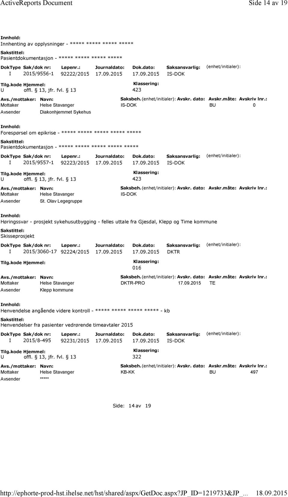 måte: Avskriv lnr.: S-DOK Høringssvar - prosjekt sykehusutbygging - felles uttale fra Gjesdal, Klepp og Time kommune Skisseprosjekt 2015/3060-17 92224/2015 DKTR 016 Saksbeh. Avskr. dato: Avskr.