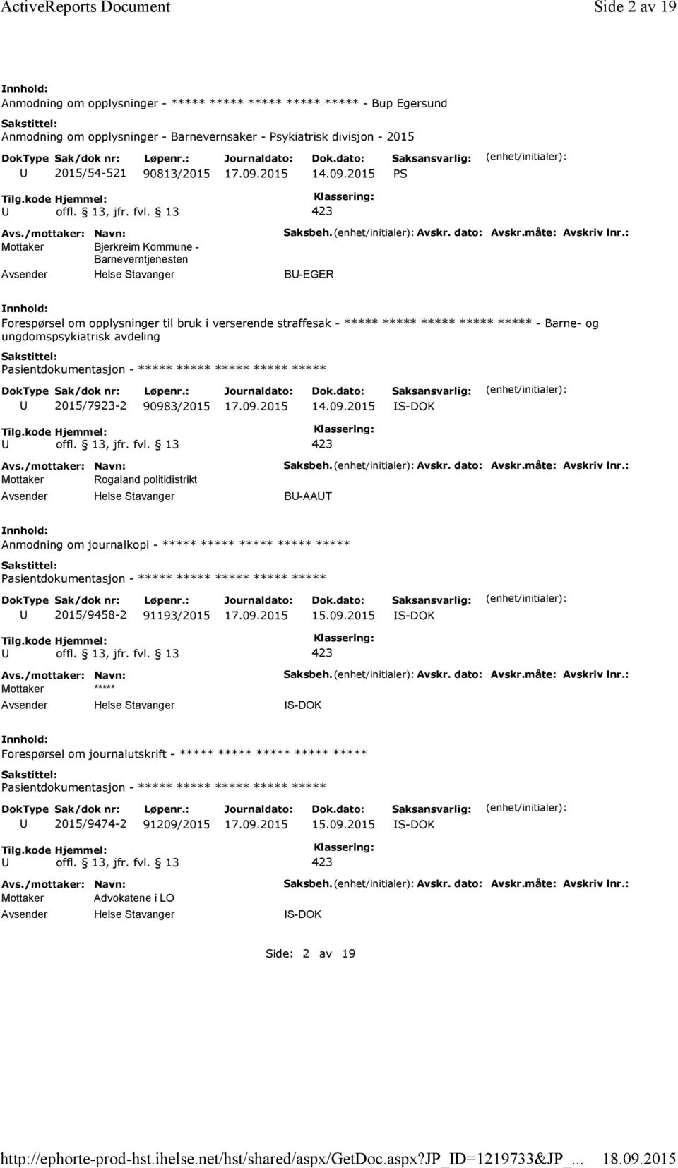 2015 PS Mottaker Bjerkreim Kommune - Barneverntjenesten Saksbeh. Avskr. dato: Avskr.måte: Avskriv lnr.