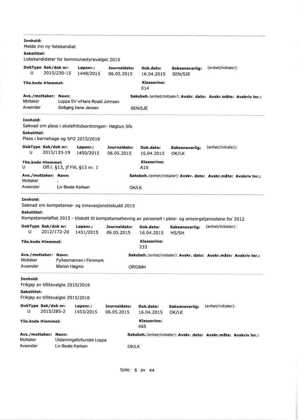 1, Liv Beate Kalsen 06,05.2015 t6.04.20t5 014 Saksbeh. (enhet/ nitiale): Avsk. dato: Avsk.måte: Avskiv In.: L6.04.20L5 410 Saksansval g: (enhet/initiale) OKlLK Saksbeh. (enhet/initiale): Avsk.