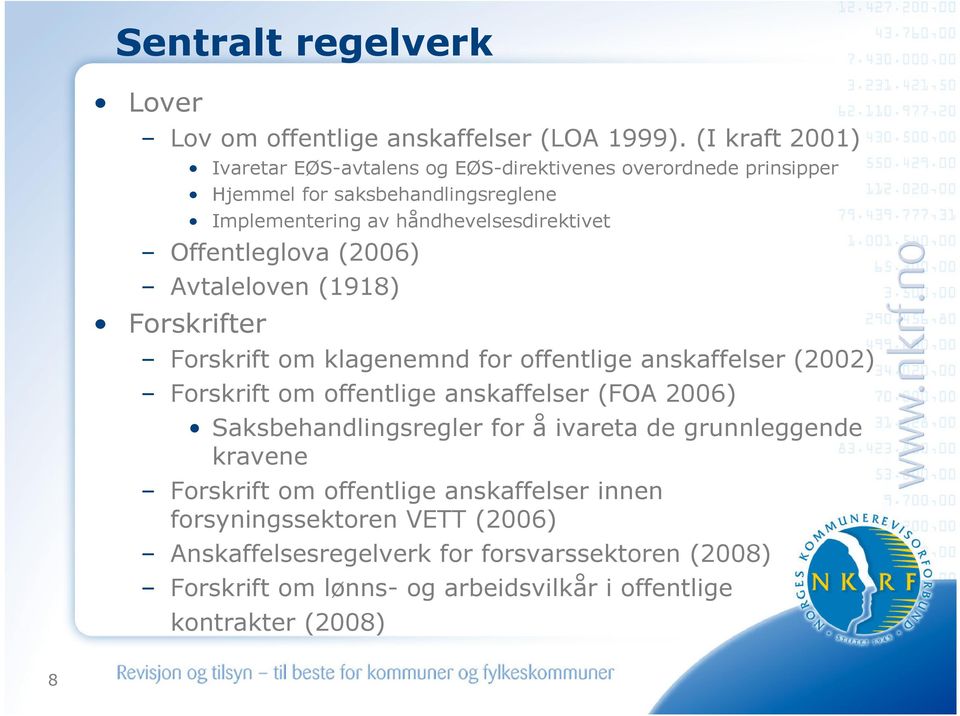 Offentleglova (2006) Avtaleloven (1918) Forskrifter Forskrift om klagenemnd for offentlige anskaffelser (2002) Forskrift om offentlige anskaffelser (FOA 2006)