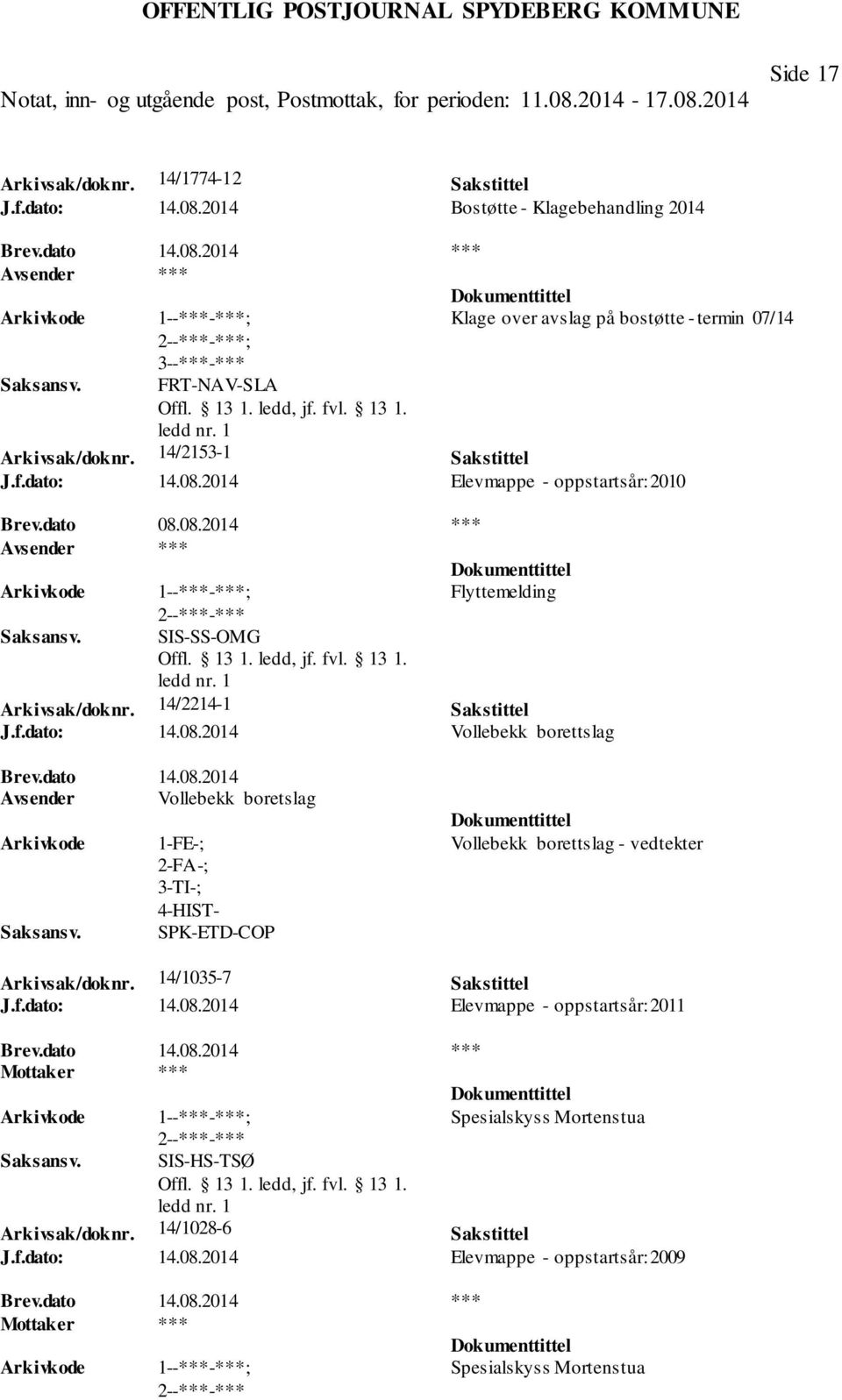 14/1035-7 Sakstittel J.f.dato: 14.08.2014 Elevmappe - oppstartsår: 2011 Brev.dato 14.08.2014 *** Spesialskyss Mortenstua SIS-HS-TSØ Arkivsak/doknr. 14/1028-6 Sakstittel J.f.dato: 14.08.2014 Elevmappe - oppstartsår: 2009 Brev.