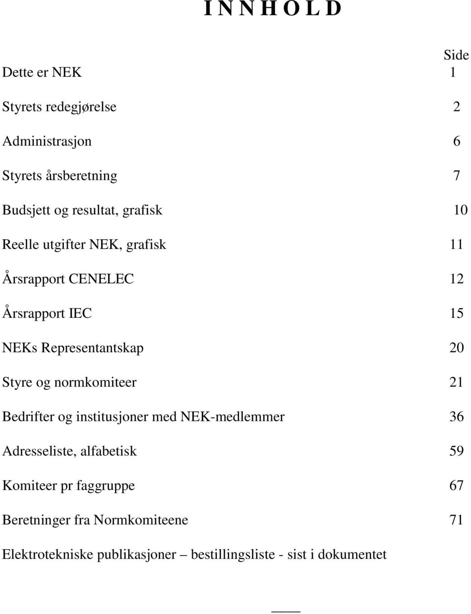 Representantskap 20 Styre og normkomiteer 21 Bedrifter og institusjoner med NEK-medlemmer 36 Adresseliste,