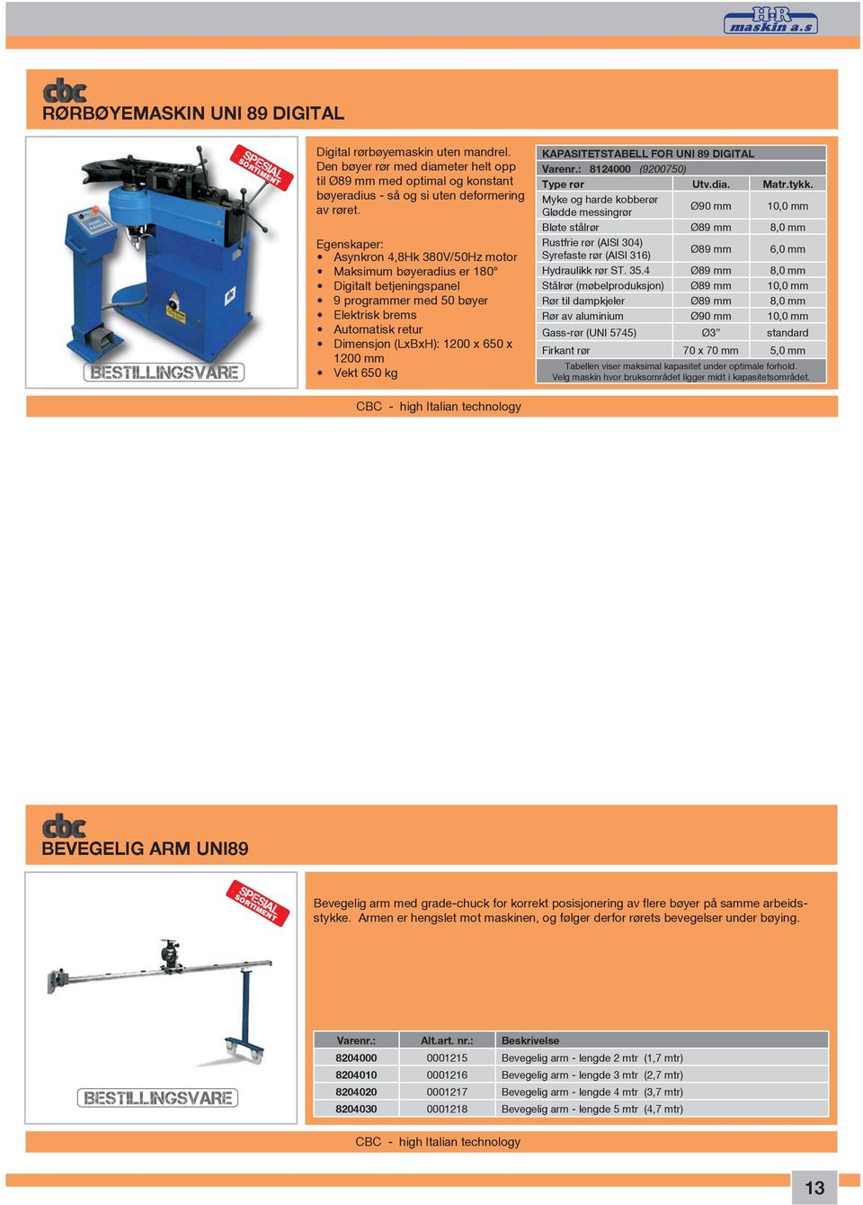 650 kg KAPASITETSTABELL FOR UNI 89 DIGITAL Varenr.: 8124000 (9200750) Type rør Utv.dia. Matr.tykk.