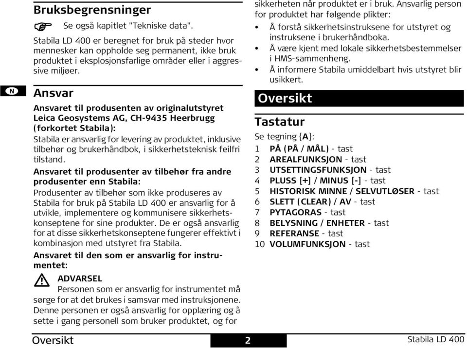 Ansvar Ansvaret til produsenten av originalutstyret Leica Geosystems AG, C-9435 eerbrugg (forkortet tabila): tabila er ansvarlig for levering av produktet, inklusive tilbehør og brukerhåndbok, i