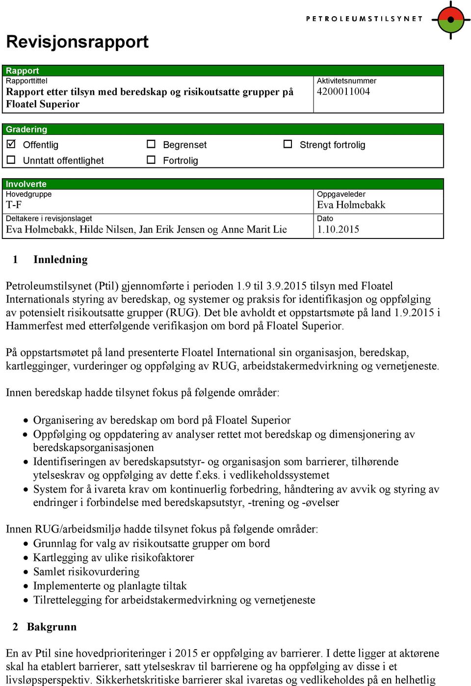 2015 Dato 1 Innledning Petroleumstilsynet (Ptil) gjennomførte i perioden 1.9 