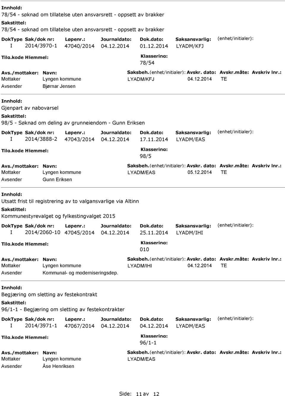 2014 TE Gunn Eriksen tsatt frist til registrering av to valgansvarlige via Altinn Kommunestyrevalget og fylkestingvalget 2015 2014/2060-10 47045/2014 25.11.