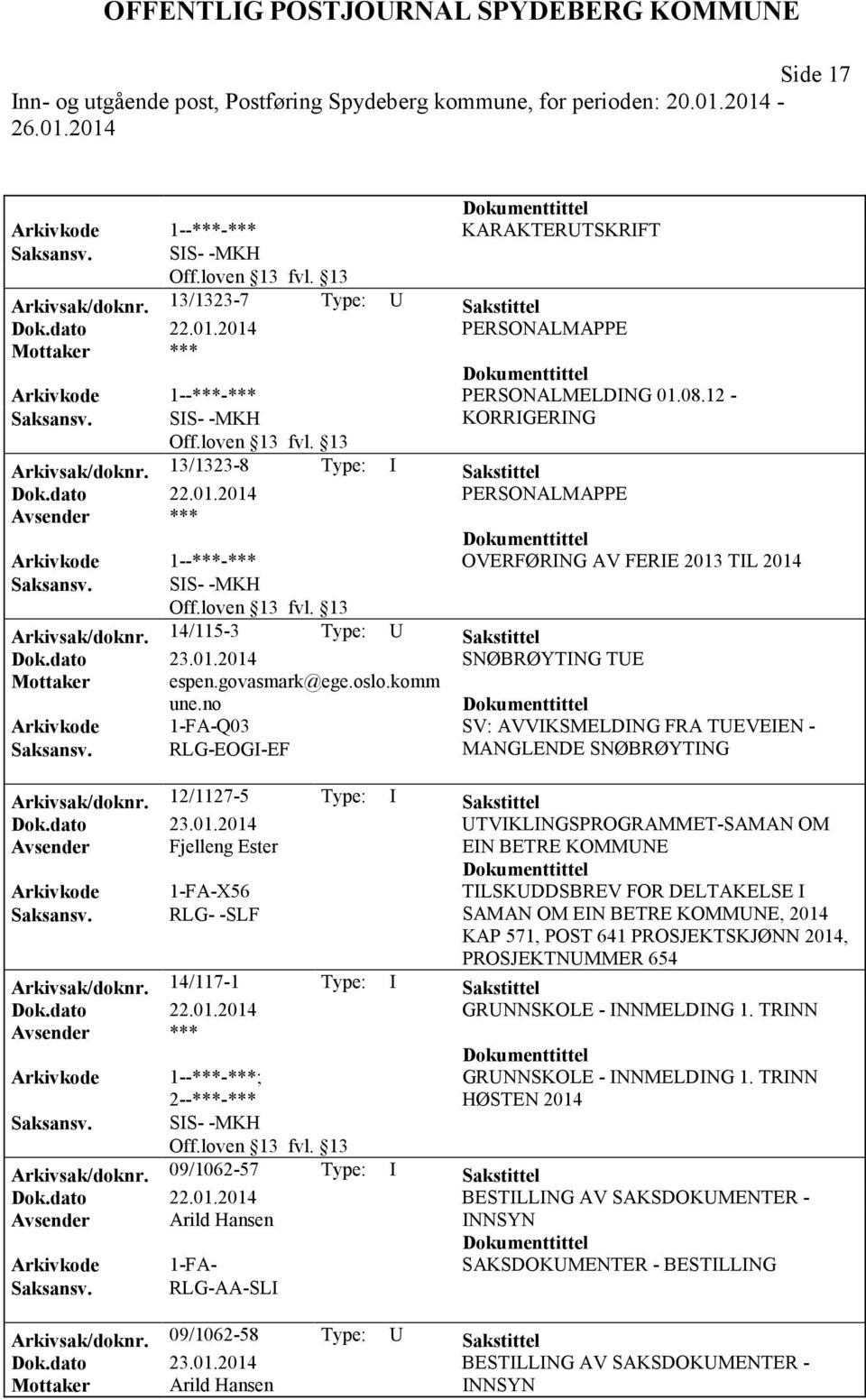 komm une.no Arkivkode 1-FA-Q03 SV: AVVIKSMELDING FRA TUEVEIEN - RLG-EOGI-EF MANGLENDE SNØBRØYTING Arkivsak/doknr. 12/1127-5 Type: I Sakstittel Dok.dato 23.01.