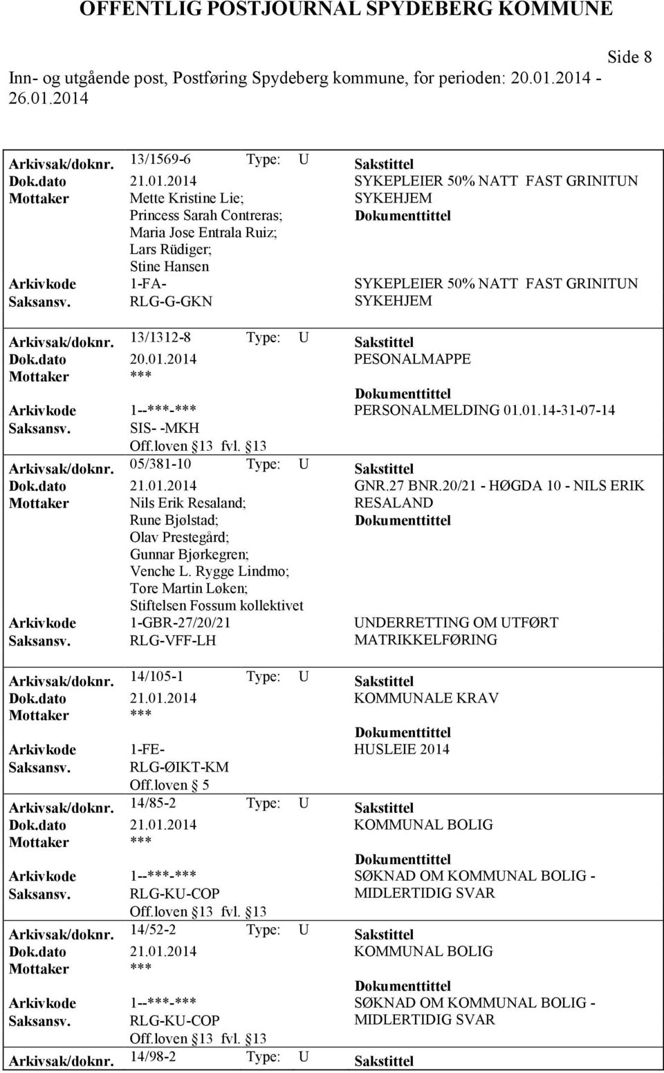 GRINITUN RLG-G-GKN SYKEHJEM Arkivsak/doknr. 13/1312-8 Type: U Sakstittel Dok.dato 20.01.2014 PESONALMAPPE Arkivkode 1--***-*** PERSONALMELDING 01.01.14-31-07-14 Arkivsak/doknr.