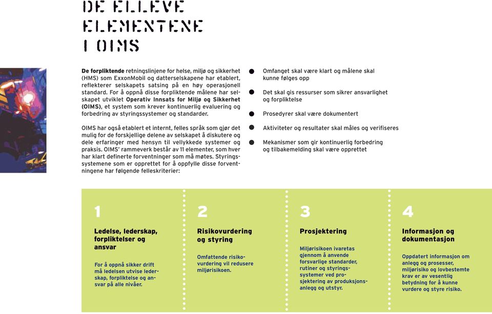 For å oppnå disse forpliktende målene har selskapet utviklet Operativ Innsats for Miljø og Sikkerhet (OIMS), et system som krever kontinuerlig evaluering og forbedring av styringssystemer og