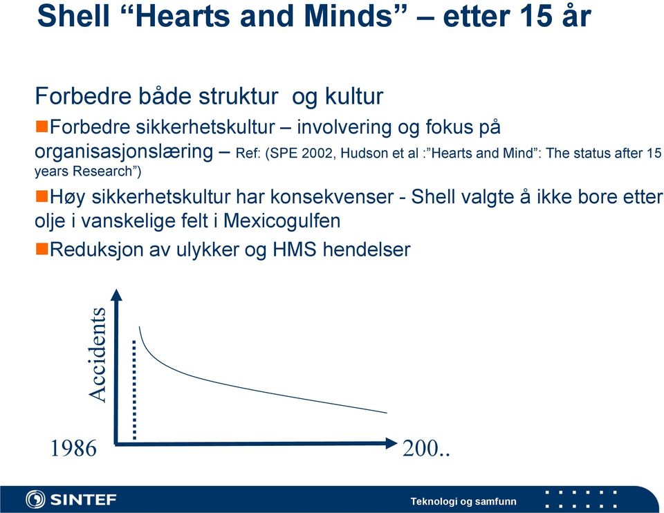 Mind : The status after 15 years Research ) Høy sikkerhetskultur har konsekvenser - Shell valgte å
