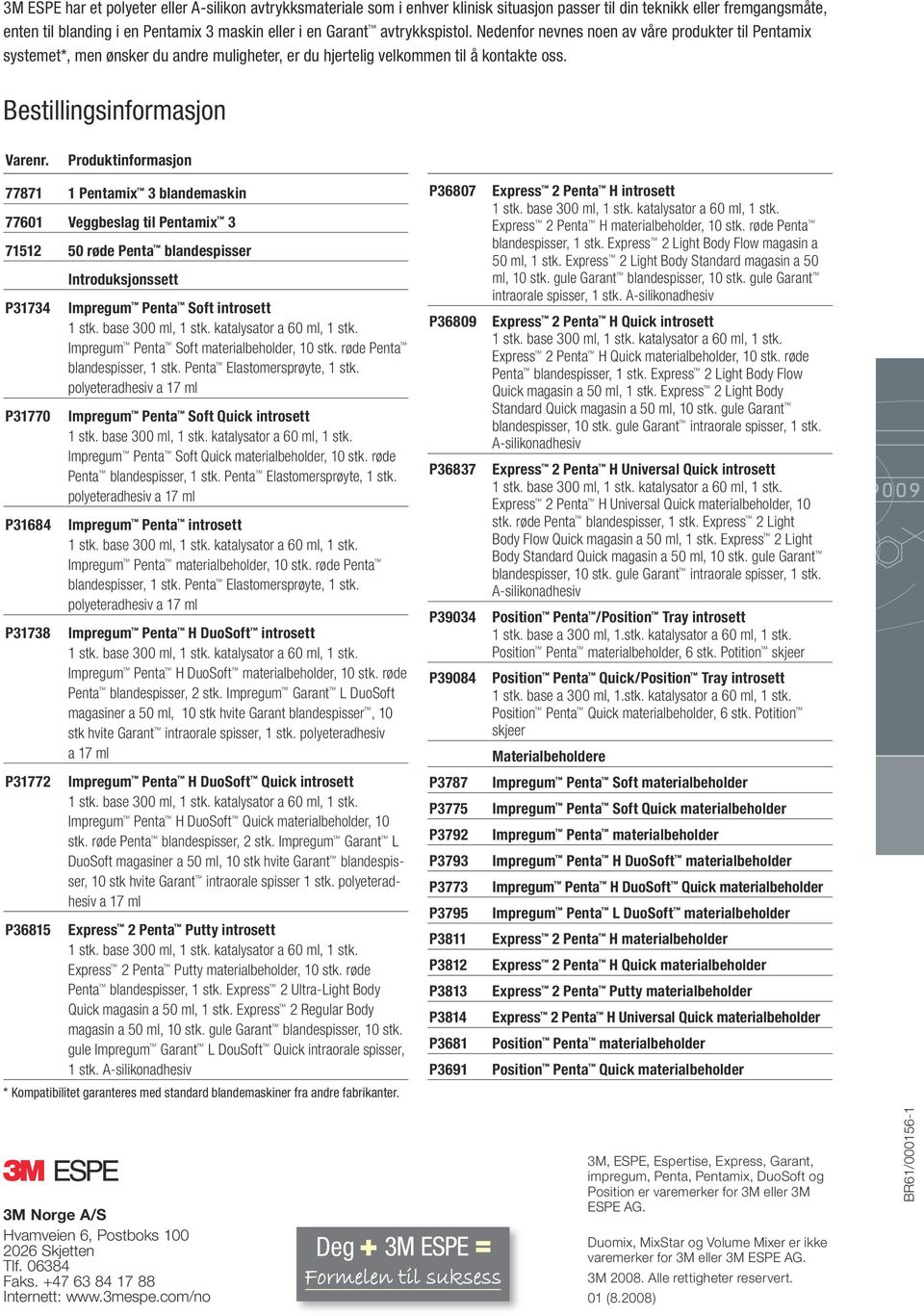 Produktinformasjon 77871 1 Pentamix 3 blandemaskin 77601 Veggbeslag til Pentamix 3 71512 50 røde Penta blandespisser P31734 P31770 P31684 P31738 P31772 P36815 Introduksjonssett Impregum Penta Soft