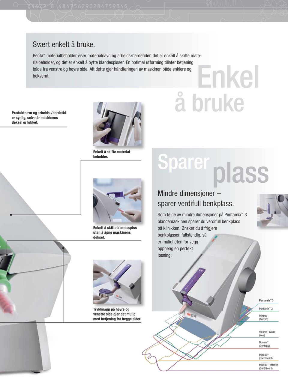 Produktnavn og arbeids-/herdetid er synlig, selv når maskinens deksel er lukket. å bruke Enkelt å skifte materialbeholder. Sparer plass Mindre dimensjoner sparer verdifull benkplass.